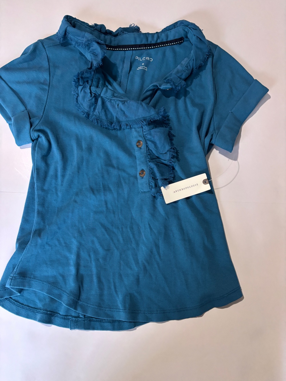 NWT Pilcro Anthropologie Teal Ruffle Trim Short Sleeve Henley - Medium